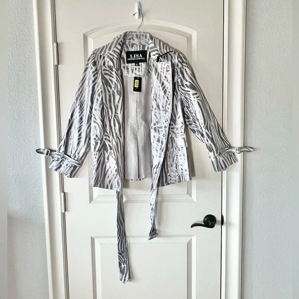 Lisa International Silver Metallic Zebra Print Double Breasted Belted Jacket M